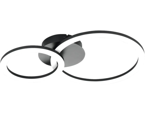 Modern svart LED-taklampa med två sammanflätade ringar av metall och plast.