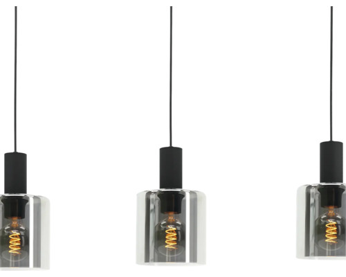 Taklampa med tre ljuskällor, cylindriska glasskärmar och synliga LED-filamentlampor på svarta kablar.