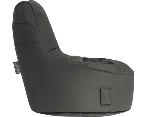 Grå sittsäck i fåtöljform med högt ryggstöd och sidoficka. Sitting Point Logo.