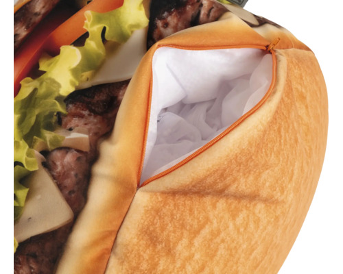 Kudde i form av en hamburgare med dragkedja och innerfoder.