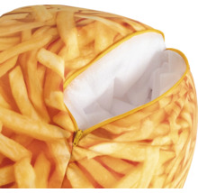 Sittsäck med fotorealistiskt tryck av pommes frites, öppen dragkedja visar vit innerfodring.