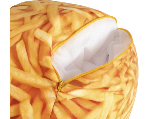 Sittsäck med fotorealistiskt tryck av pommes frites, öppen dragkedja visar vit innerfodring.