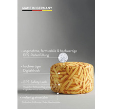 Sittpuff med pommes frites-mönster, tillverkad i Tyskland, fyllning av polystyrenpärlor, digitaltryck och dubbelt säkerhetslås.