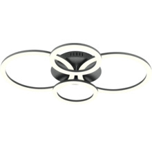 Modern LED-taklampa med fyra cirkelformade ljuselement av metall och plast.