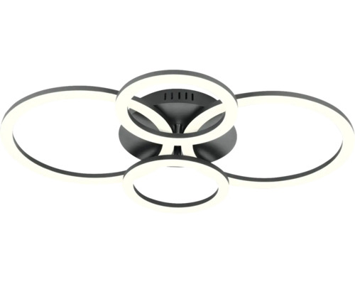 Modern LED-taklampa med fyra cirkelformade ljuselement av metall och plast.