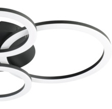 Modern LED-taklampa i svart med sammanflätade ringformade element.