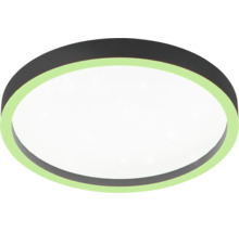 Rund LED-taklampa med svart ram, vit diffusor och grön ljusring.