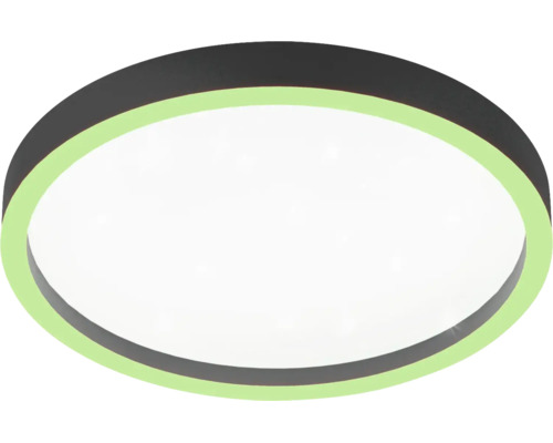Rund LED-taklampa med svart ram, vit diffusor och grön ljusring.