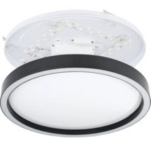 Rund LED-taklampa med svart ram och vit diffusor, samt en vy över de interna komponenterna.