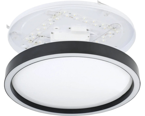 Rund LED-taklampa med svart ram och vit diffusor, samt en vy över de interna komponenterna.