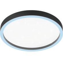 Modern rund LED-taklampa med mörk kant och vit lysande yta.