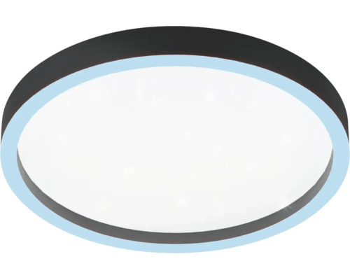 Modern rund LED-taklampa med mörk kant och vit lysande yta.