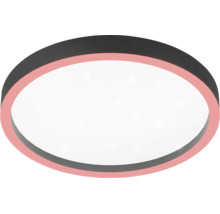 Rund LED-taklampa med mörk ram, rosa dekorring och vit ljusyta.