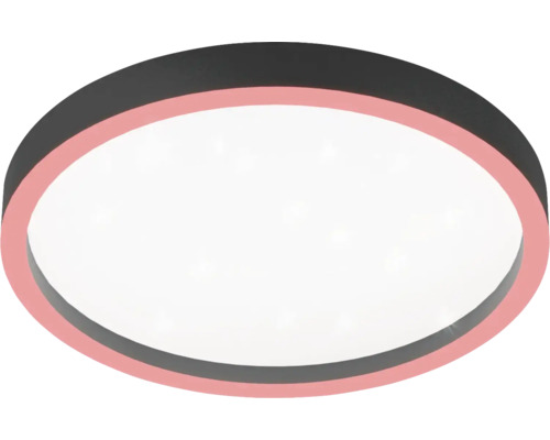 Rund LED-taklampa med mörk ram, rosa dekorring och vit ljusyta.