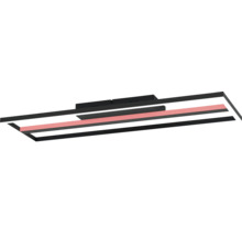 Modern LED-taklampa i rektangulär, platt design av svart metall med integrerad färgväxling.