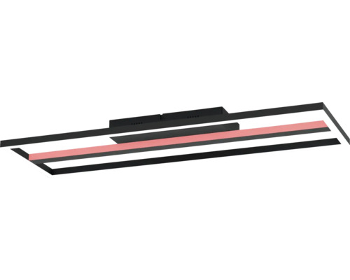 Modern LED-taklampa i rektangulär, platt design av svart metall med integrerad färgväxling.