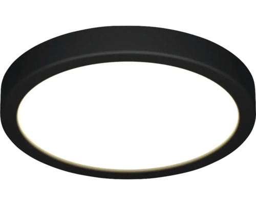 Rund LED-taklampa med svart kant och vit diffusor.