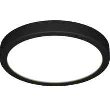 Rund, platt LED-taklampa med svart ram.