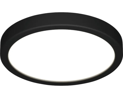 Rund, platt LED-taklampa med svart ram.