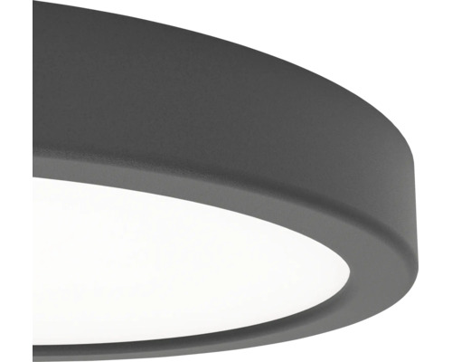 Detaljvy av en rund, platt LED-taklampa med mörkgrå, strukturerad ram och vit diffusor.