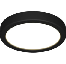 Rund, platt LED-taklampa med svart ram och vit lysande yta.