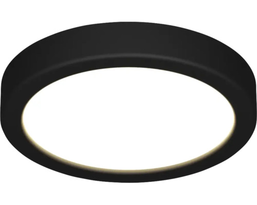 Rund, platt LED-taklampa med svart ram och vit lysande yta.