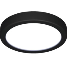 Rund platt LED-taklampa med svart hölje och vit kåpa.