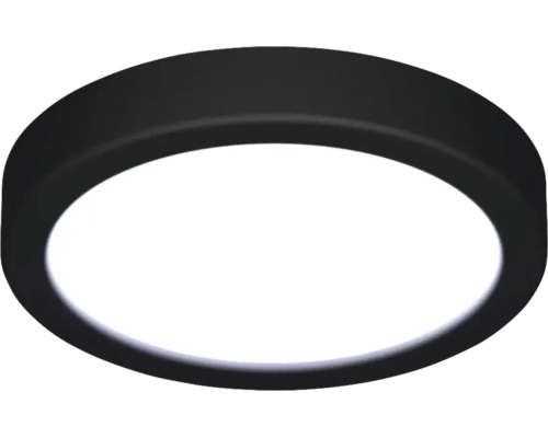 Rund platt LED-taklampa med svart hölje och vit kåpa.