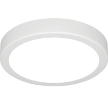 Rund, platt LED-taklampa av plast i vitt.
