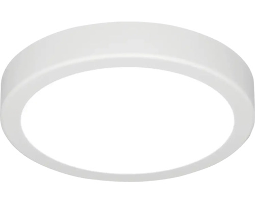 Rund, platt LED-taklampa av plast i vitt.