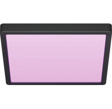 Fyrkantig LED-panel med mörk ram och lila lysande yta.