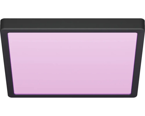 Fyrkantig LED-panel med mörk ram och lila lysande yta.