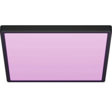 Fyrkantig LED-panel med svart ram och violett lysande yta för tak- eller väggmontering.