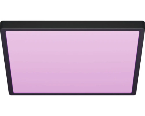 Fyrkantig LED-panel med svart ram och violett lysande yta för tak- eller väggmontering.