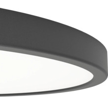 Detaljvy av en platt, rund LED-taklampa med mörk metallram och vit diffusor.