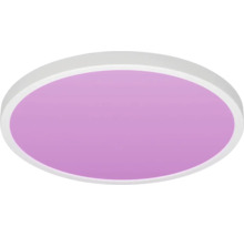 Rund LED-taklampa med lila lysande yta och vit ram.