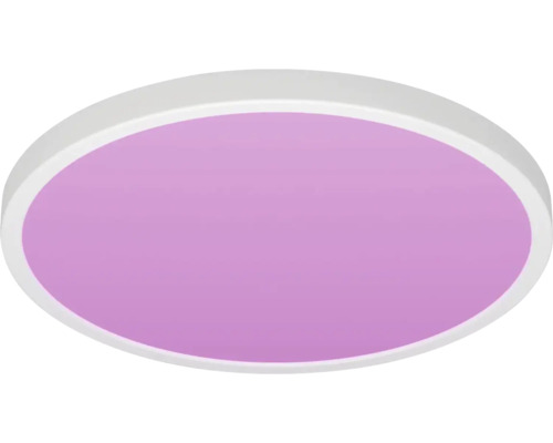 Rund LED-taklampa med lila lysande yta och vit ram.
