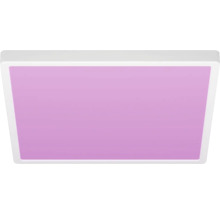 Kvadratisk LED-panel med lila ljus och vit ram.