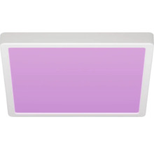 Fyrkantig LED-panel med vit ram och lila ljus.