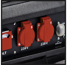 Två 230 Volt eluttag med fällbara lock på ett elverk.