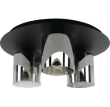 Taklampa med tre ljuskällor, rund svart bas och cylindriska skärmar av rökglas.