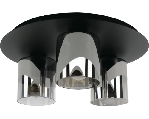 Taklampa med tre ljuskällor, rund svart bas och cylindriska skärmar av rökglas.