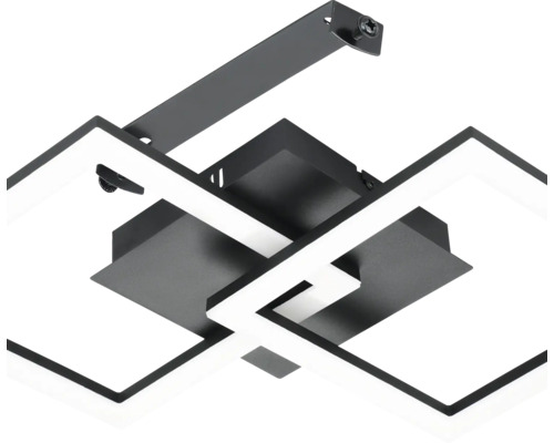 Modern LED-taklampa med två sammanflätade kvadratiska metallelement i svart.