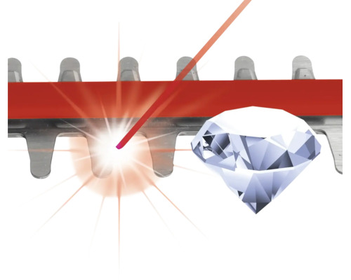 Symbol för laserskurna och diamantslipade knivar på en häcksax.