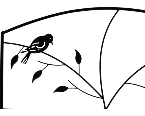 Detalj av ett växtstöd i metall med fågelmotiv på en gren.