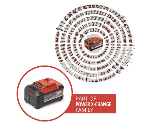 Einhell Power X-Change-batteri med ett stort urval av kompatibla verktyg och trädgårdsmaskiner från batterisystemet.