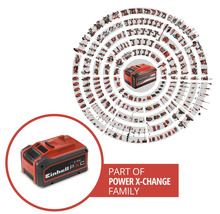 Einhell Power X-Change batteri med en översikt över många kompatibla verktyg och trädgårdsmaskiner i systemet.
