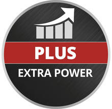 Symbol för extra kraft med texten Plus Extra Power och ett stigande stapeldiagram.