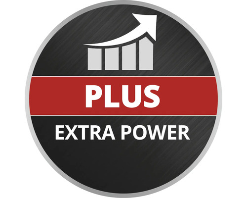 Symbol för extra kraft med texten Plus Extra Power och ett stigande stapeldiagram.
