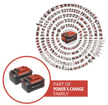 Två Einhell Power X-Change-batterier och ett urval av kompatibla verktyg och trädgårdsmaskiner från Power X-Change-systemet.